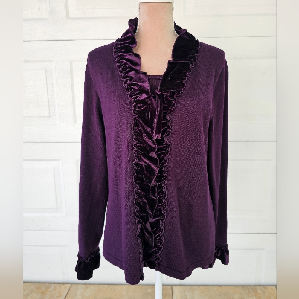 Elementz Woman's Purple Velvet Ruffle Cardigan Sweater XL Romantic Gothic Retro - Picture 2 of 13